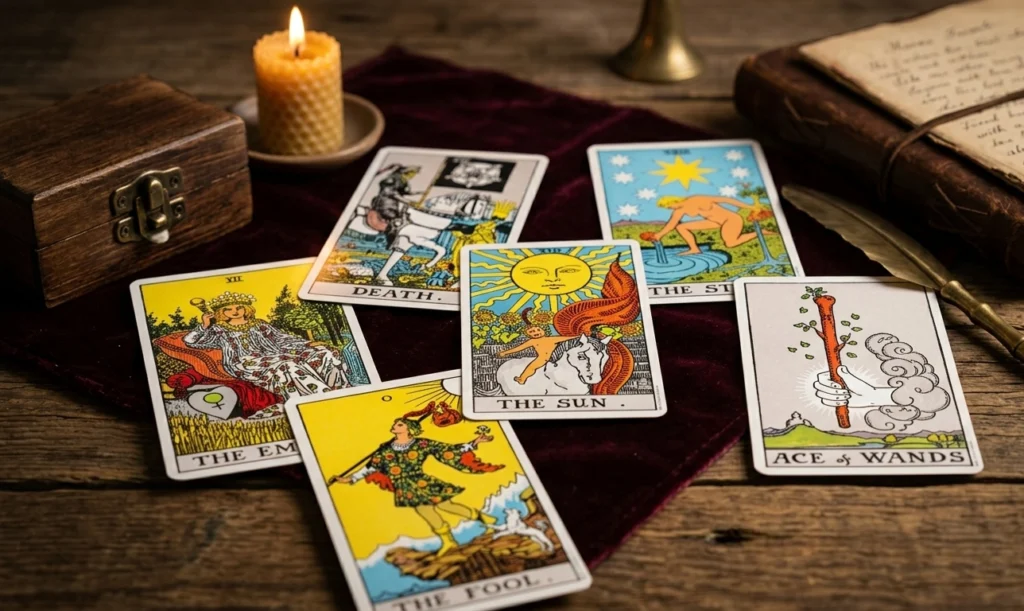 Several tarot cards on the cloth, on the table