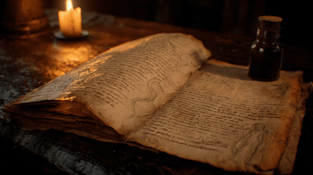 Aged manuscript pages open under candlelight showing worm illustrations and demonic figures drawn in the same margins as medical observations