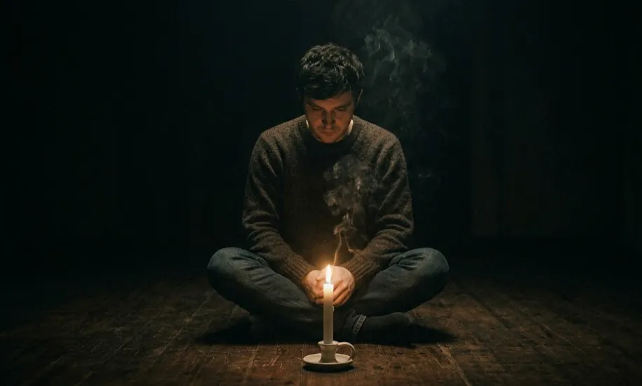 A picture of man meditating over a candle