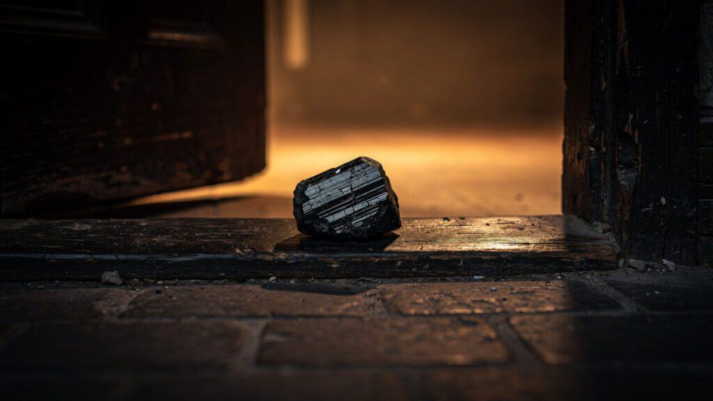 Black tourmaline crystal on a wooden surface in a dimly lit setting.