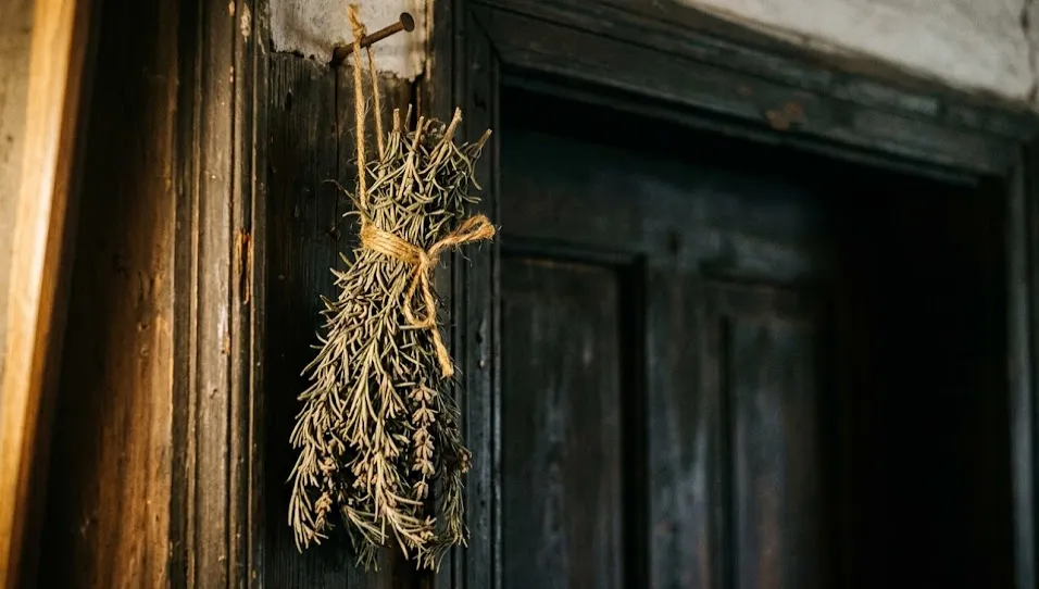 A bundle of dried rosemary hung near a door