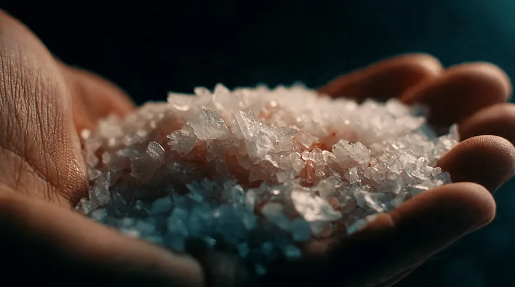 A picture of hand holding the coarse salt
