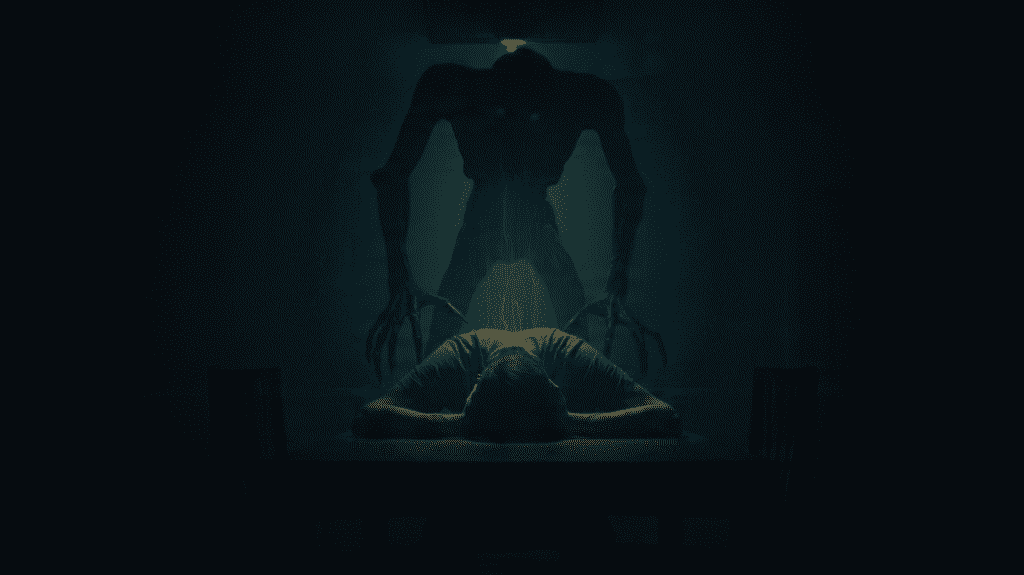 A person sitting hunched over a kitchen table with their head in their hands looking depleted, a dark entity standing behind them with clawed hands hovering over their back