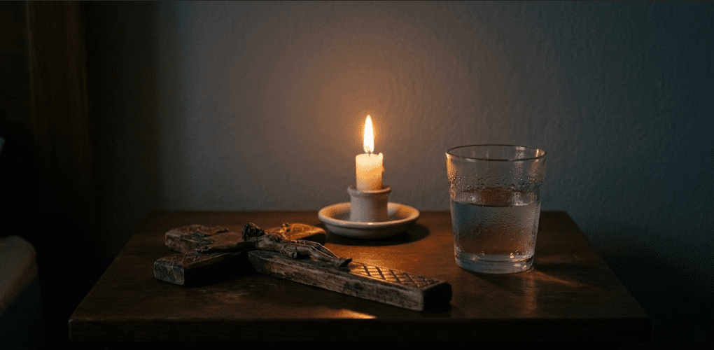 A wooden crucifix and a small glass of water placed side by side on a plain wooden nightstand in a dark bedroom, lit by a single candle