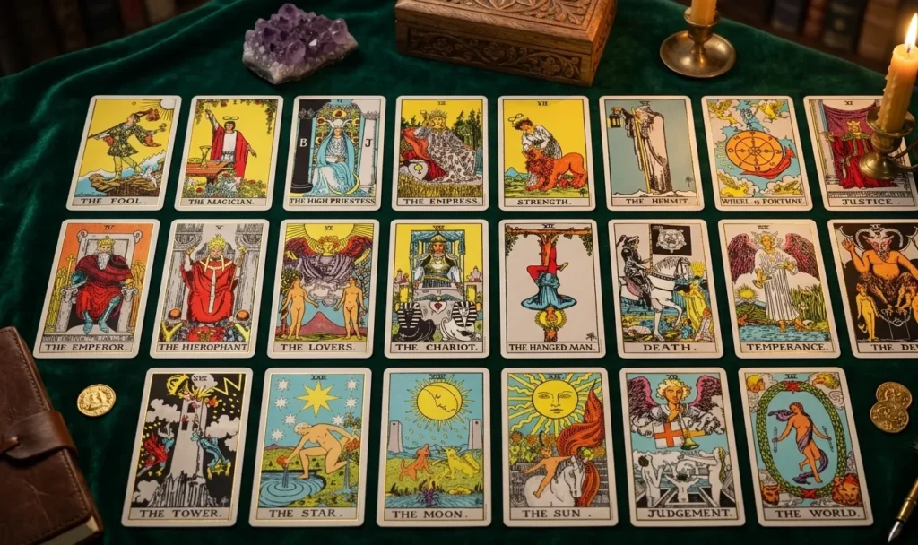 A picture of major arcana cards on the table