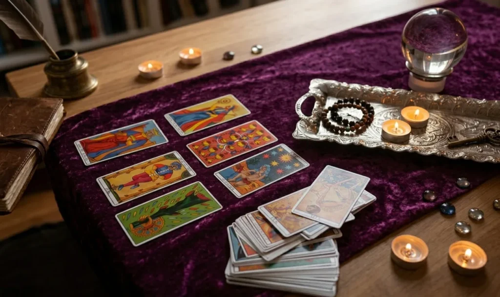 Tarot Cards next to each other, with candles, crystal, and velvet cloth 