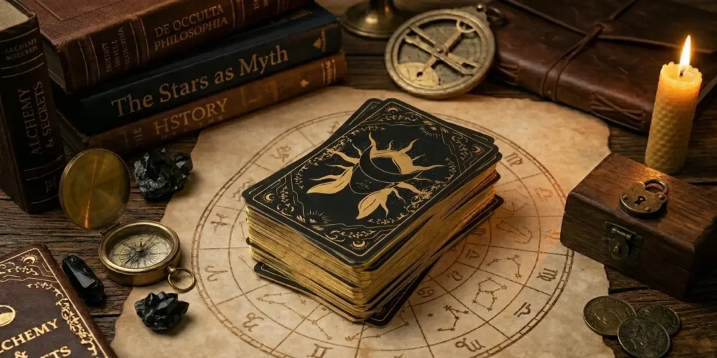 A picture of tarot cards spread on the table