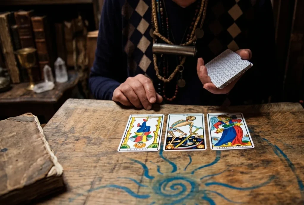 A Picture of a woman reading tarot cards