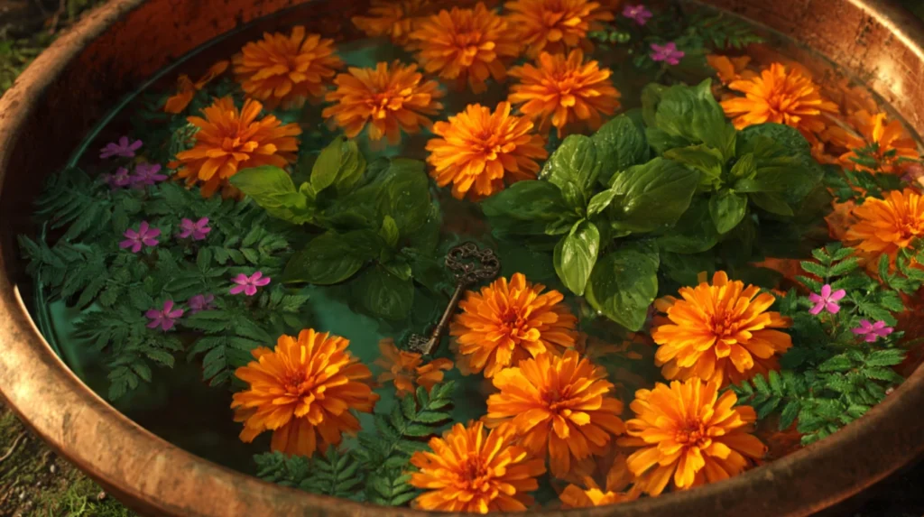 basin filled with water, marigolds (neven) gathered from nine different gardens, leaves of bosiljak and zdravac, and one metal object.