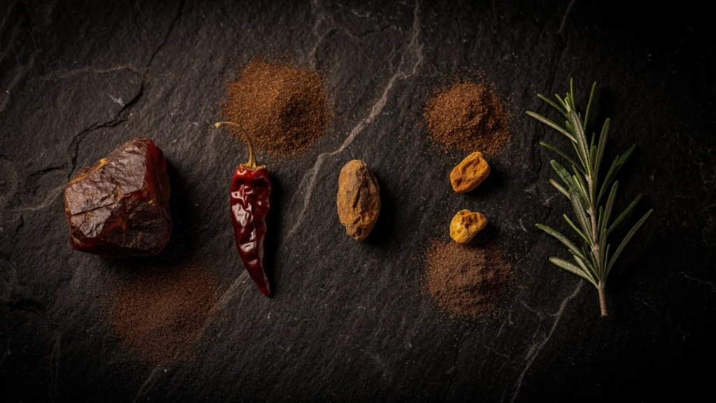 Fine ash piles next to dragon's blood resin, cayenne pepper,
frankincense, and rosemary on a dark stone surface
