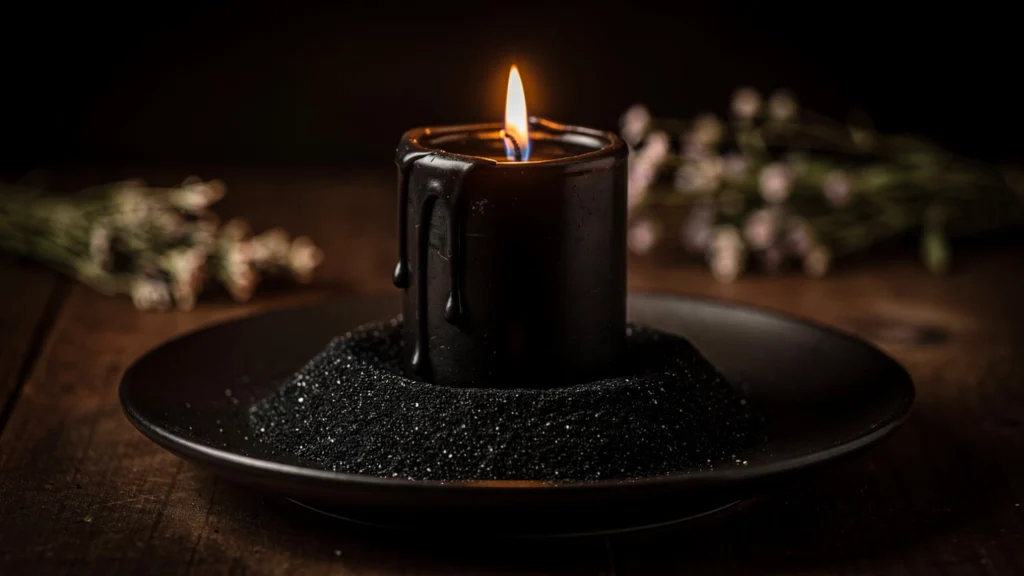 A lit black pillar candle surrounded by a ring of fine
black salt powder on a dark ceramic plate