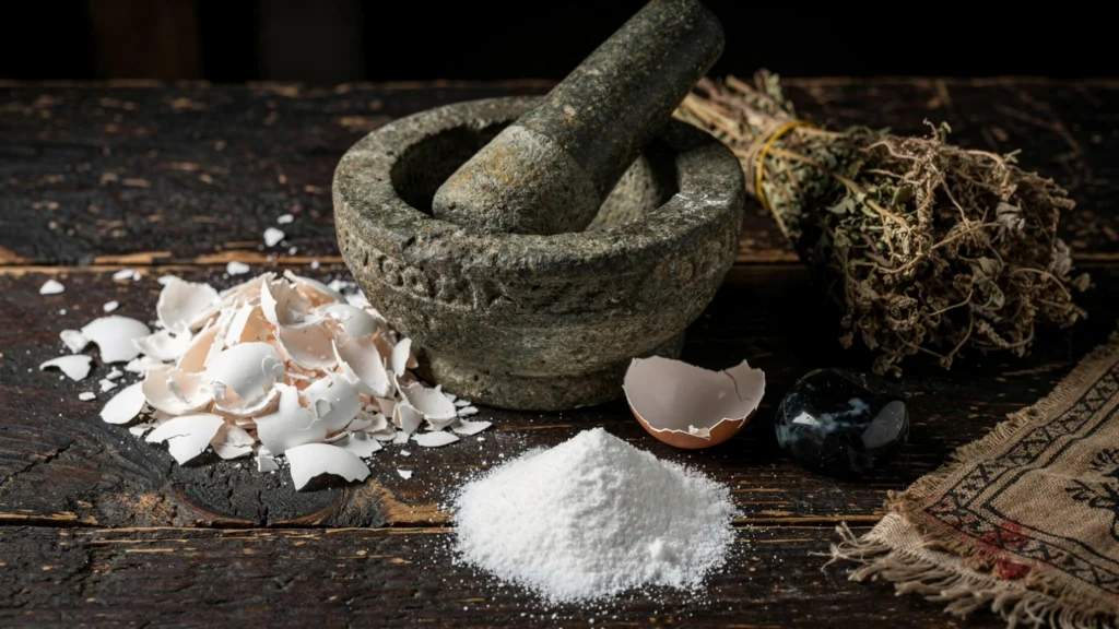 Crushed white eggshells next to a small pile of fine cascarilla
powder in a stone mortar on a dark surface
