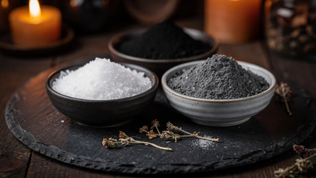 Three ceramic bowls containing sea salt, black charcoal powder,
and grey ash arranged on a dark slate surface