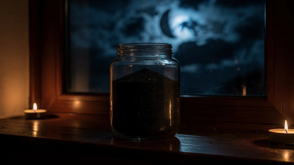 A sealed glass jar of fine black salt sitting on a windowsill
bathed in moonlight at night