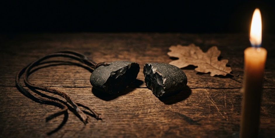 Macro close-up of a cracked dark stone protection amulet split in two, with a frayed cord and dried leaf on aged dark wood. Low warm candlelight, heavy silent mood, dark folk witch aesthetic.