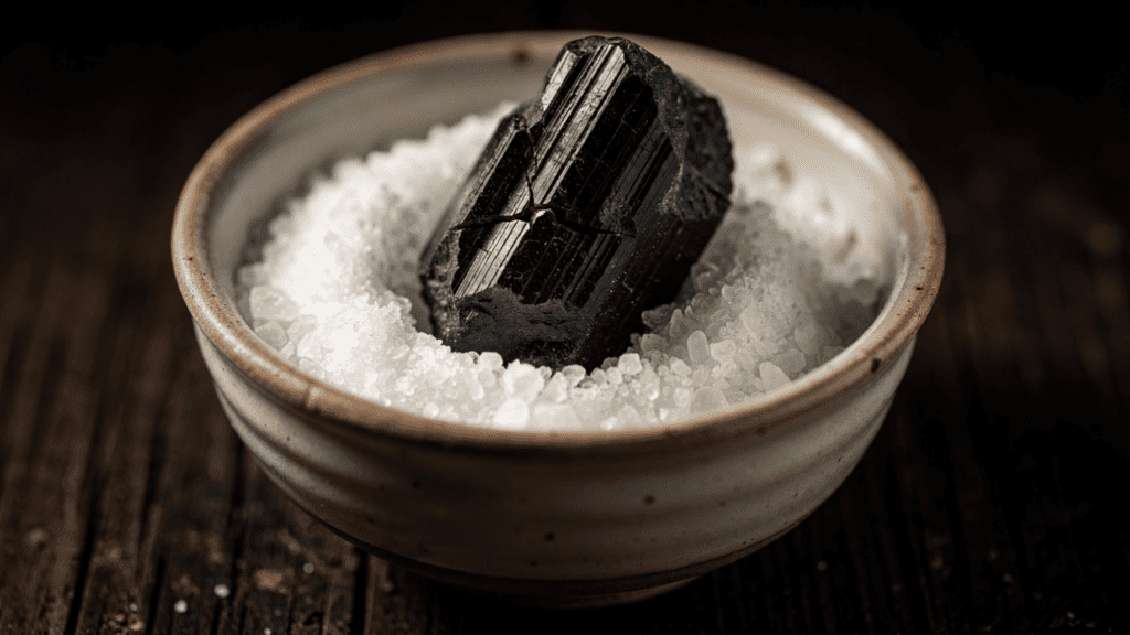Black tourmaline crystal with visible crack resting in bowl of coarse sea salt for cleansing