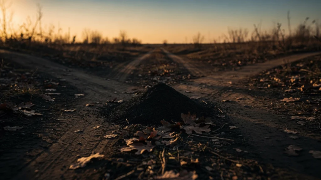 Fine black salt powder scattered at a dirt crossroads
path at dusk among dry leaves