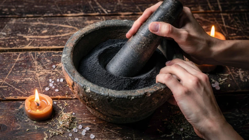 Hands grinding fine black salt powder in a stone mortar
and pestle by candlelight on a worn wooden table