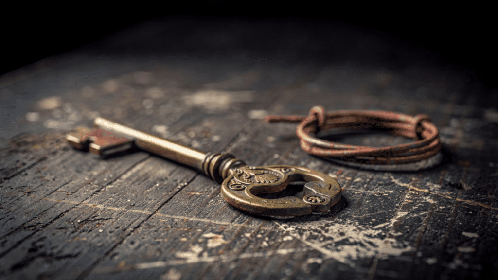 Old iron nail, antique skeleton key, and iron wire on dark wood for use in a protection amulet
