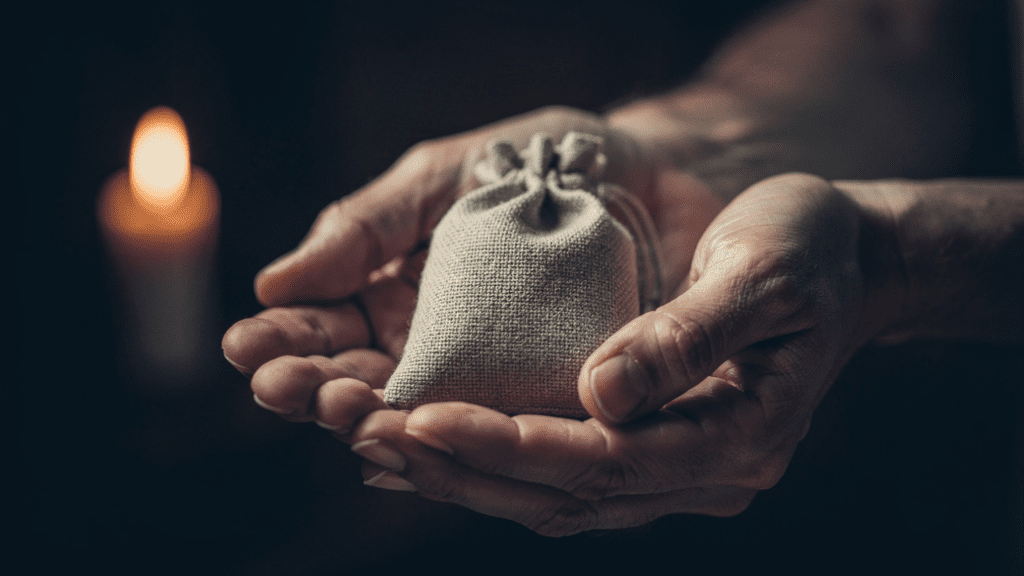 Two hands holding a handmade cloth protection amulet pouch in dim candlelight
