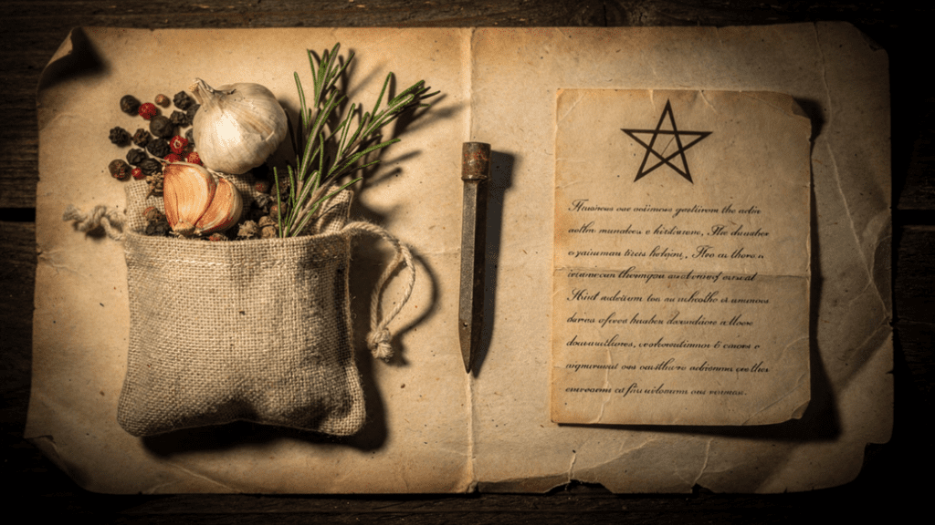 Protection amulet herb pouch next to iron nail and handwritten talisman note on parchment