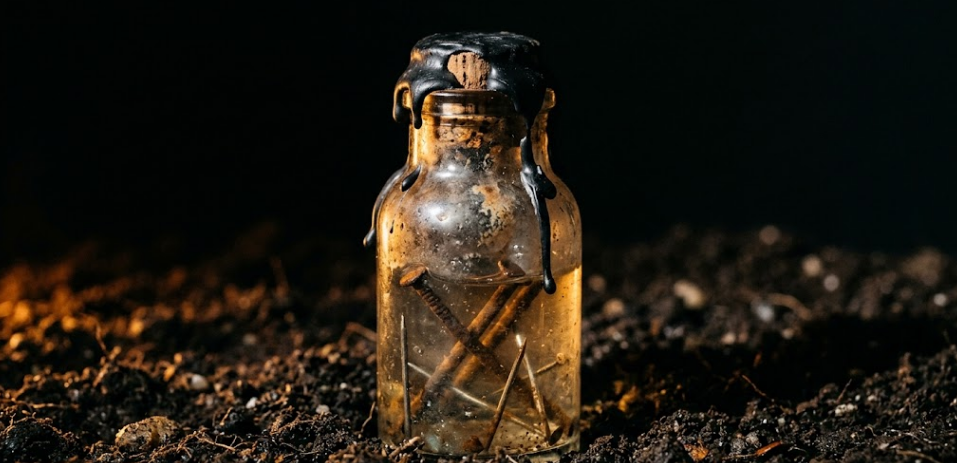 Close-up of an antique glass witch bottle sealed with black wax, containing iron nails and pins, standing in dark soil. Warm amber side light, dark folk witch aesthetic.