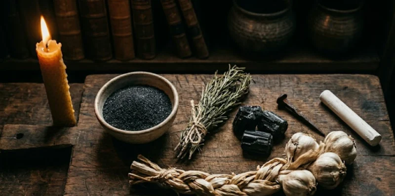 Esoteric protection tools arranged on dark walnut wood in candlelight: black salt, rosemary, black tourmaline, iron nail, garlic braid, and white chalk. Dark folk witch aesthetic.