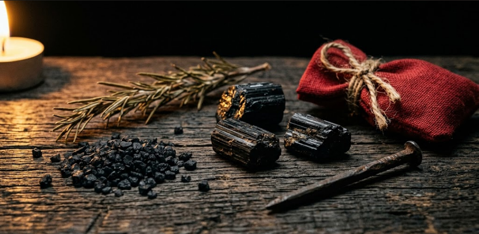 Macro close-up of protective magical materials on rustic wood: black salt crystals, dried rosemary, raw black tourmaline, red cloth pouch and iron nail. Dramatic candlelight and deep shadows.