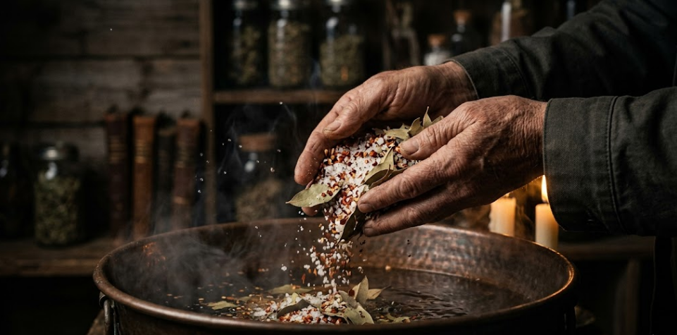 Weathered hands pouring coarse salt, red pepper flakes and dried eucalyptus into a steaming copper basin for a reversing ritual bath. Warm candlelight, dark folk magic aesthetic.