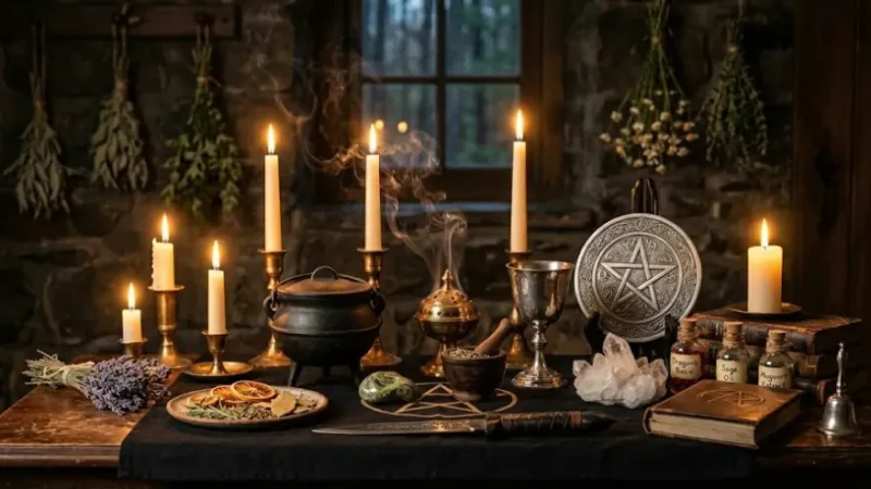 A fully set up witchcraft altar on a dresser with candles, a cauldron, pentacle cloth, crystals, books, and dried flowers