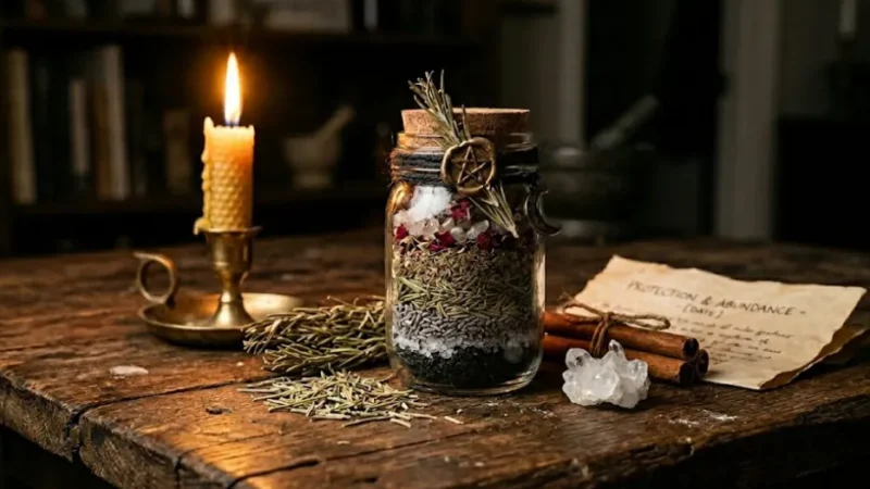 Handcrafted mason jar spell jar with layered protection ingredients, candlelight, and handwritten intention on rustic wooden table