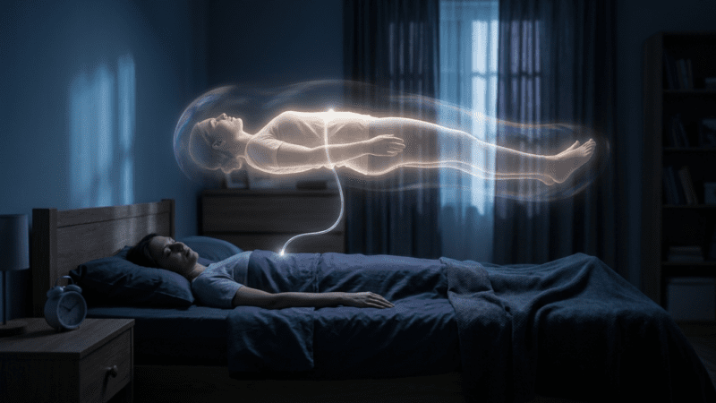 A person floating peacefully above their sleeping body in a moonlit bedroom, connected by a glowing silver cord and protected by a sphere of golden light — illustrating a safe astral projection.