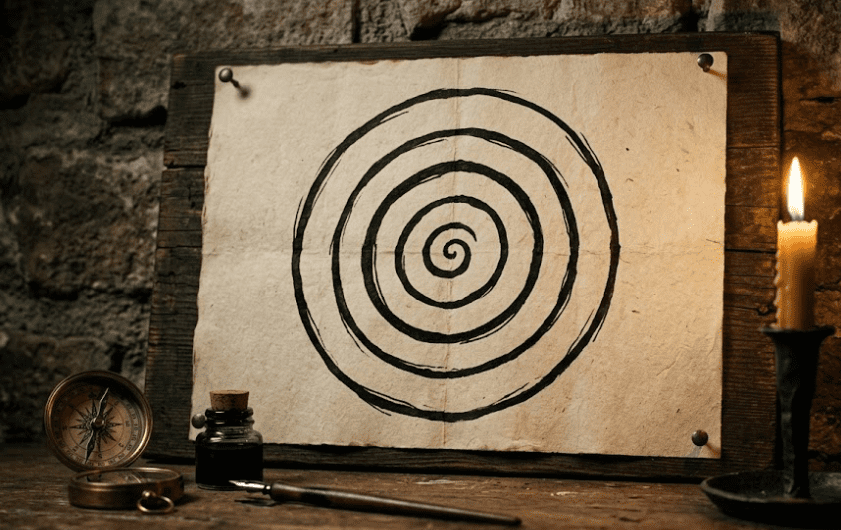 Hand-drawn spiral chart on poster board for eye training exercises to see the aura, with brass compass and candlelight