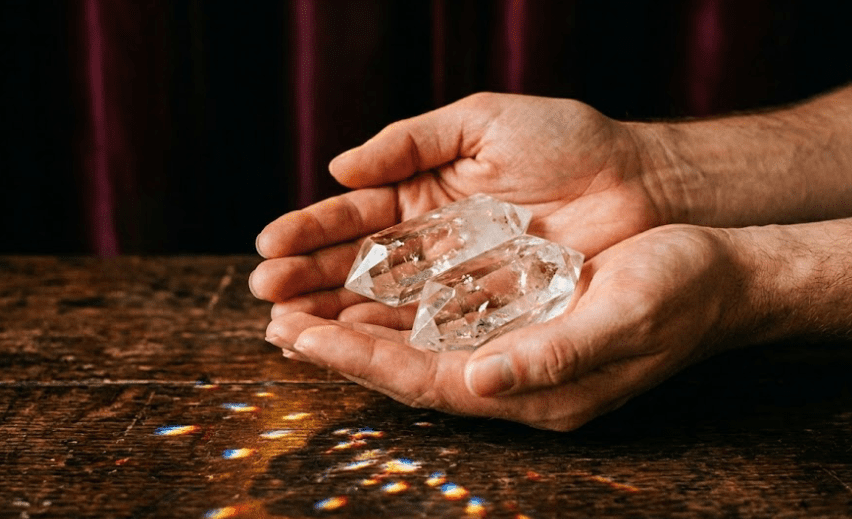 Two human hands cupped together holding two double-terminated quartz crystal points, clear crystal with natural inclusions catching and splitting warm candlelight into faint prismatic patterns on the dark wooden table below, a single beeswax candle in a brass holder behind the hands, dark velvet background, photorealistic, 35mm film grain, extreme close-up on the crystals and palms, warm golden light refracting through quartz, no face, no forearms beyond the wrists, focus on crystal clarity and skin texture, 16:9 aspect ratio

