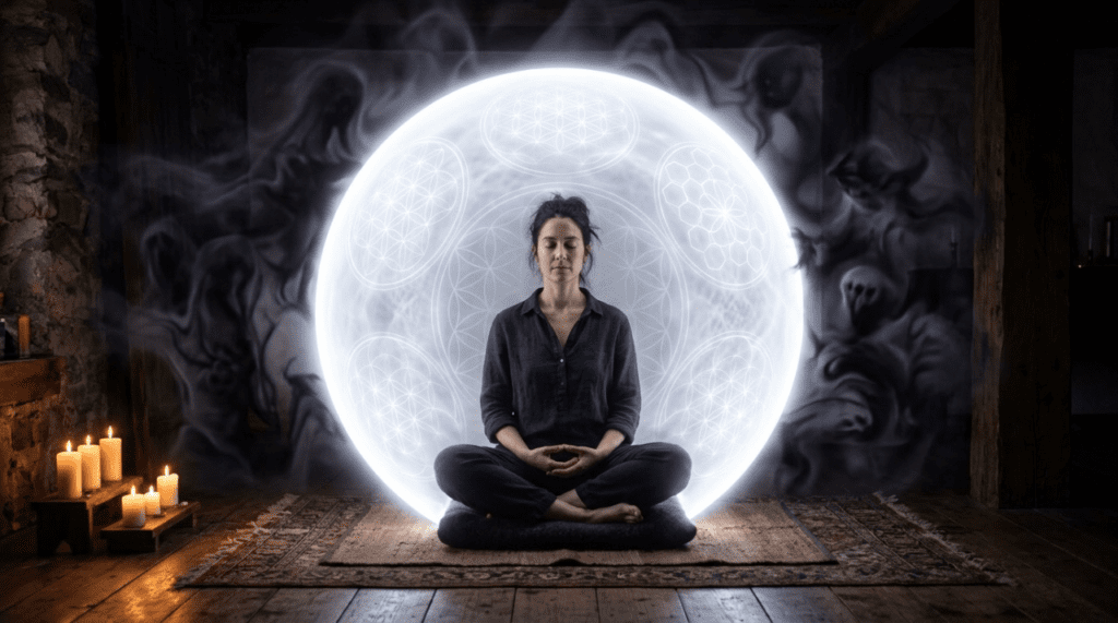 A meditating person surrounded by a perfect sphere of protective white light, with vague shadowy shapes pressing against the barrier from outside — visualizing energy shielding before astral travel.