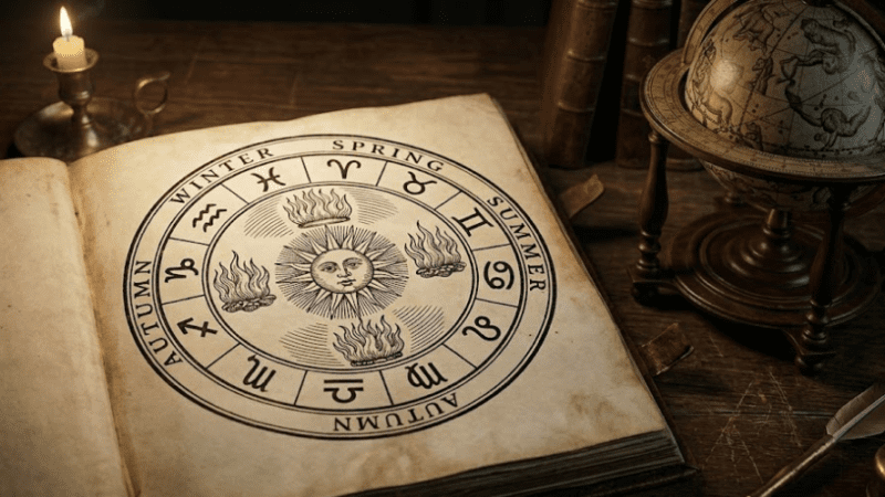 Antique astrology chart and brass dividers lit by candlelight, illustrating esoteric astrology