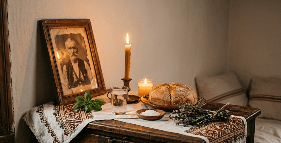 A Balkan folk ancestor altar with bread, salt, water, basil, a beeswax candle, and an old framed photograph