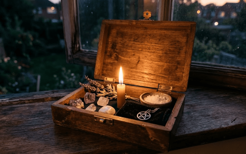 A discreet portable altar inside a small wooden box with a candle, crystals, salt, and a pentacle pendant on a windowsill
