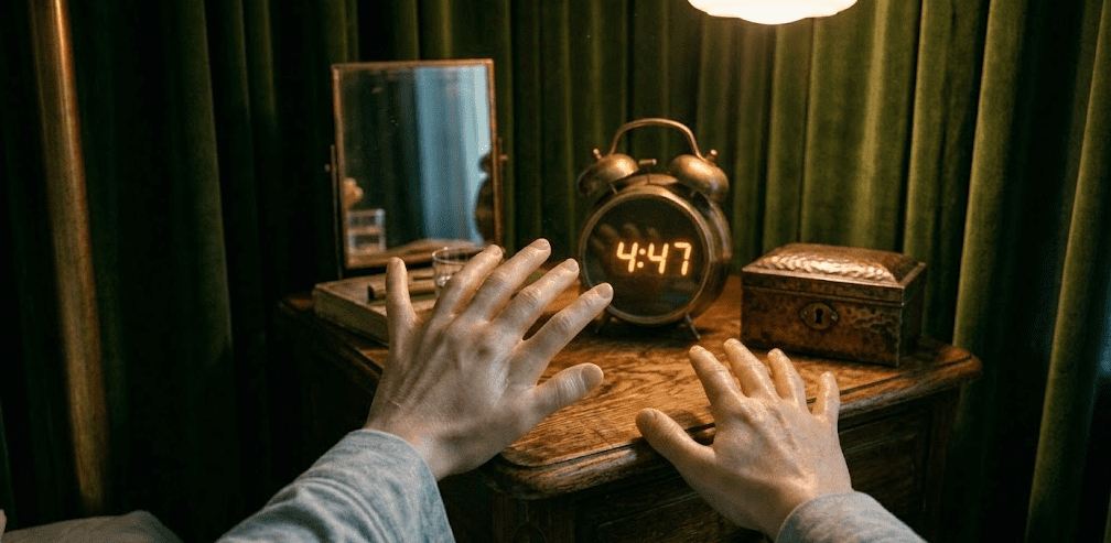 Two hands on a wooden table showing six fingers on one hand during a reality check inside a lucid dream