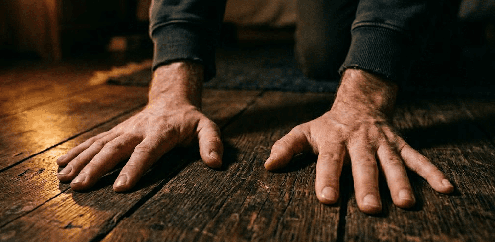 Close-up of palms pressed flat against wooden floorboards to stabilize and anchor attention inside a lucid dream