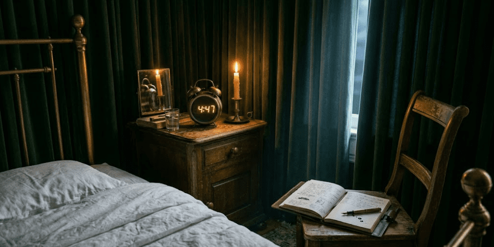 Dark bedroom at 4:47 AM with candlelit nightstand, antique clock, unmade bed, and open journal for Wake Back to Bed technique