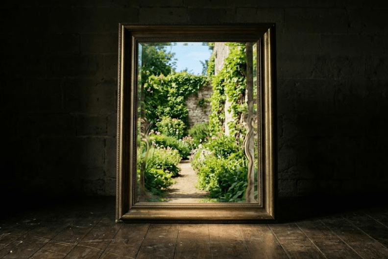 A dark room with a large standing mirror in a heavy brass frame, the mirror reflects not the room behind it but a completely different space — a sunlit garden with green foliage visible where stone walls should be, the mirror surface shows faint ripples like heat distortion at its edges, dark oak floorboards in the foreground, no light source in the actual room, the garden light comes only from within the mirror, photorealistic, 35mm film grain, no candles, no people, no faces, the inner state projecting outward as external environment, 16:9 aspect ratio
