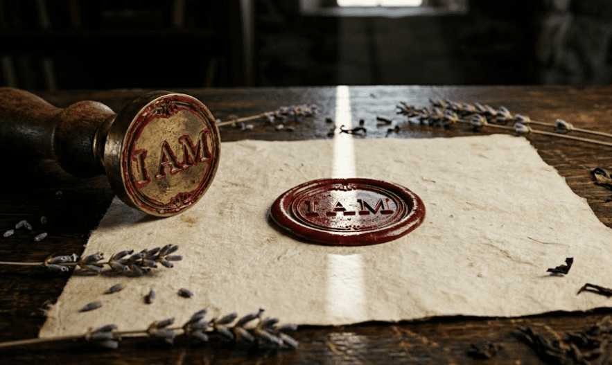 A dark wooden desk with a single red wax seal freshly pressed onto aged cream paper, the seal impression shows the letters I A M in relief, a brass seal stamp lying on its side beside the paper with wax residue on its face, scattered dried lavender sprigs and a few loose tea leaves on the desk surface, dark background, the only light comes from a high narrow window casting a thin vertical beam across the wax seal, photorealistic, 35mm film grain, extreme close-up on wax texture and paper fiber, no candles, no people, no faces, the physical permanence of a declared state, 16:9 aspect ratio

