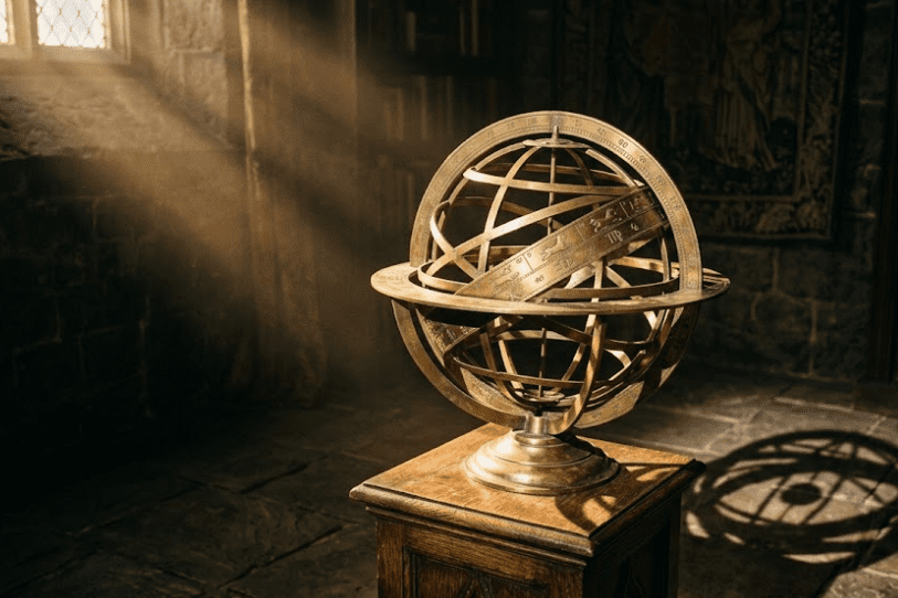 Antique brass armillary sphere with zodiac symbols casting geometric shadows in a shaft of afternoon light