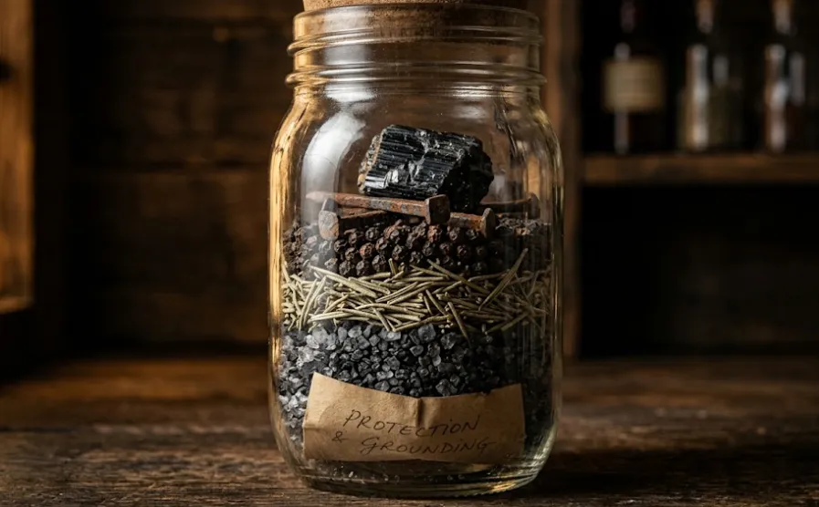 Layered protection spell jar with black salt, rosemary, iron nails, and black tourmaline crystal