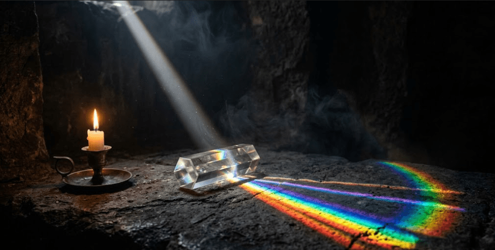 Crystal prism splitting light into seven beams, representing the seven rays in esoteric astrology
