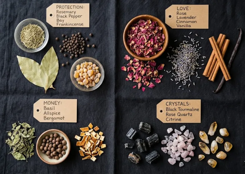 Spell jar ingredients and crystals organized by intention in four labeled groups on dark fabric