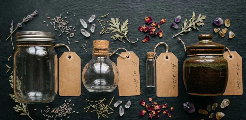 Flat lay of spell jar containers, dried herbs, and crystal chips with kraft paper tags on dark slate