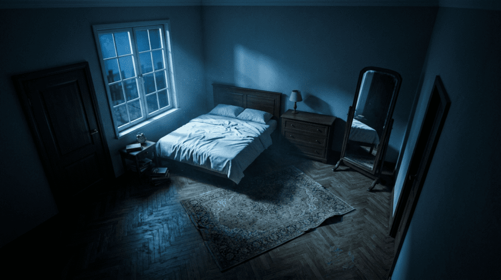 A photorealistic bedroom at night with subtle impossible details — a mirror on the wrong wall and a misplaced door — representing the real-time zone in astral projection.