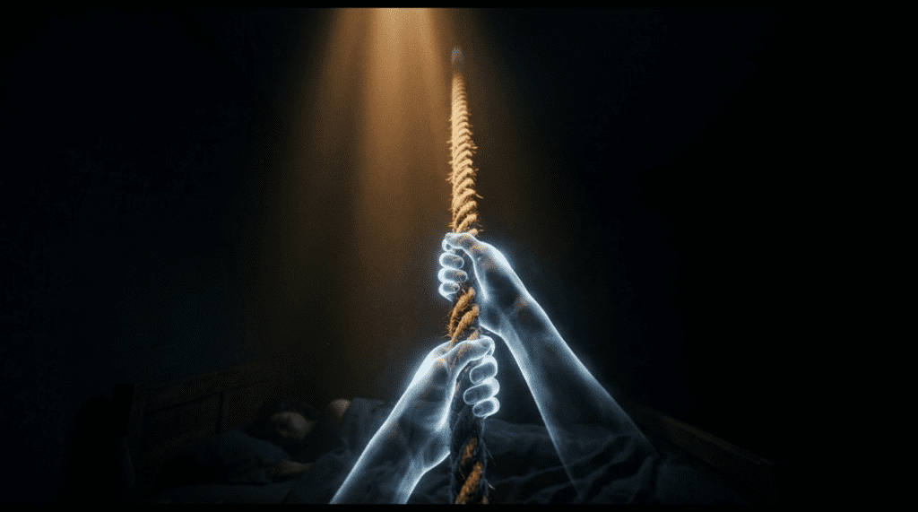 First-person view of translucent glowing hands pulling on a thick rope hanging from darkness above, demonstrating the rope technique for astral projection.